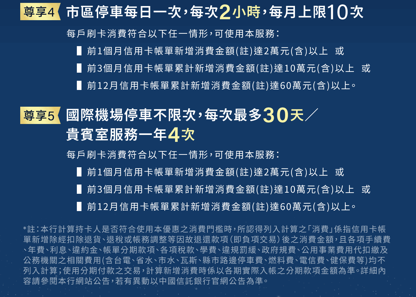 尊享4：市區停車每日一次，每次2小時，每月上限10次
                尊享5：國際機場停車不限次，每次最多30天／貴賓室服務一年4次
