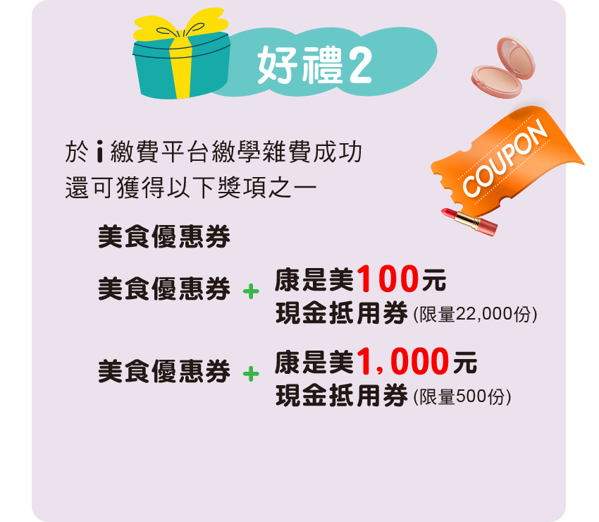 繳學費送美食優惠券+康是美抵用券