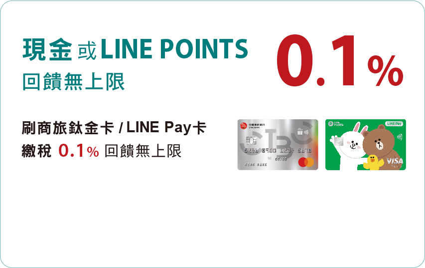 商旅鈦金卡、LINE Pay卡繳稅，現金或LINE POINTS回饋1%，回饋無上