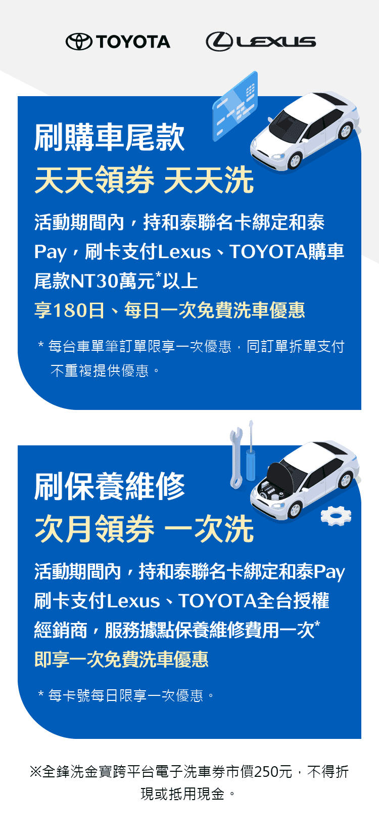 刷購車尾款，天天領券天天洗；刷保養維修，次月領券一次洗